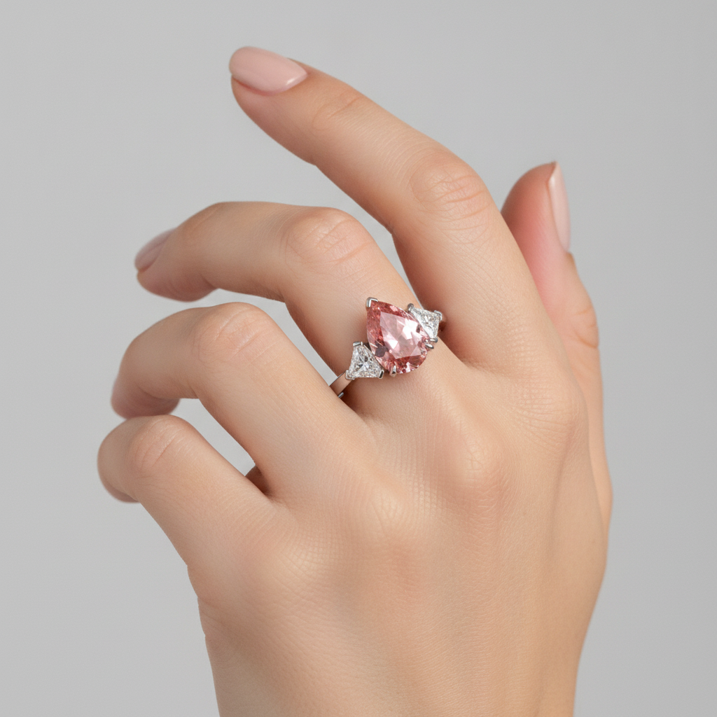 Anello a Tre Pietre in Platino con Zaffiro Padparadscha Naturale a Goccia da 3,6 Carati e Pietre Bianche Taglio Trilliant