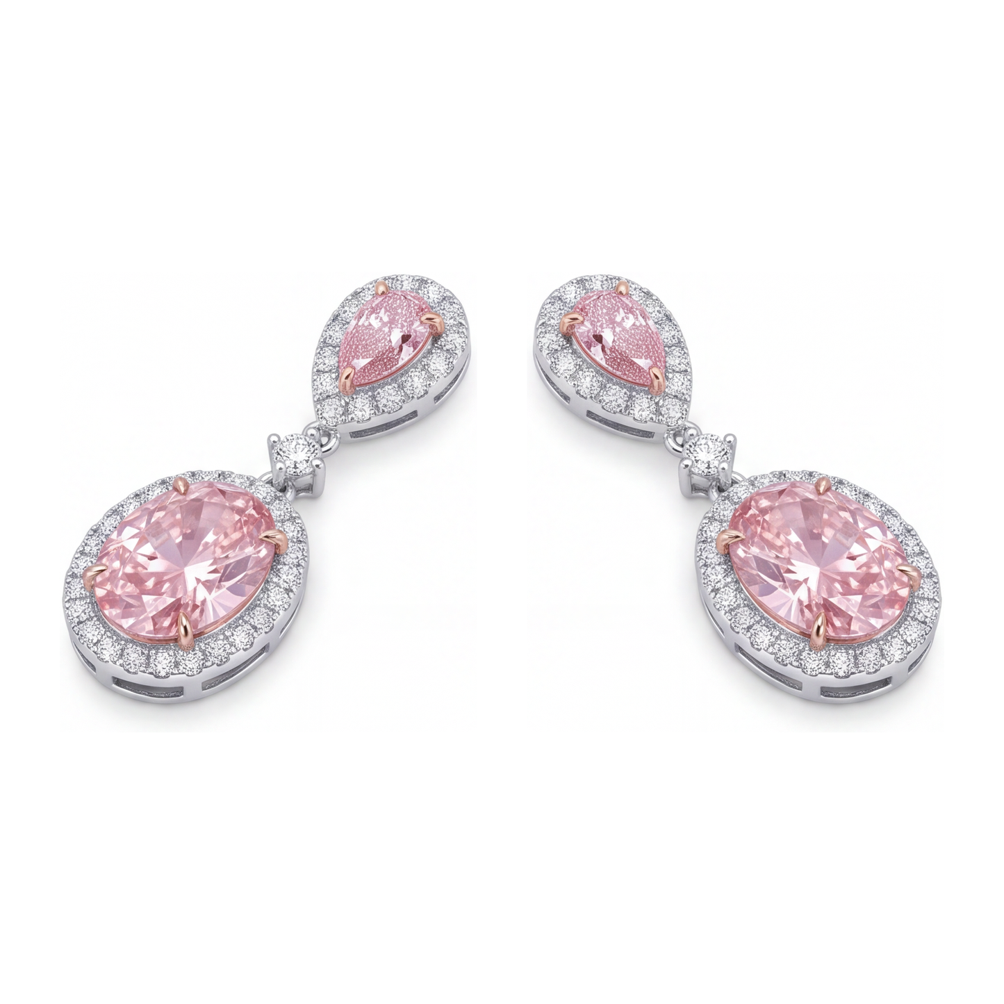 Orecchini pendenti con diamanti rosa da laboratorio da 4,5 carati, halo ovale e parte superiore a goccia in Oro Bianco 14K