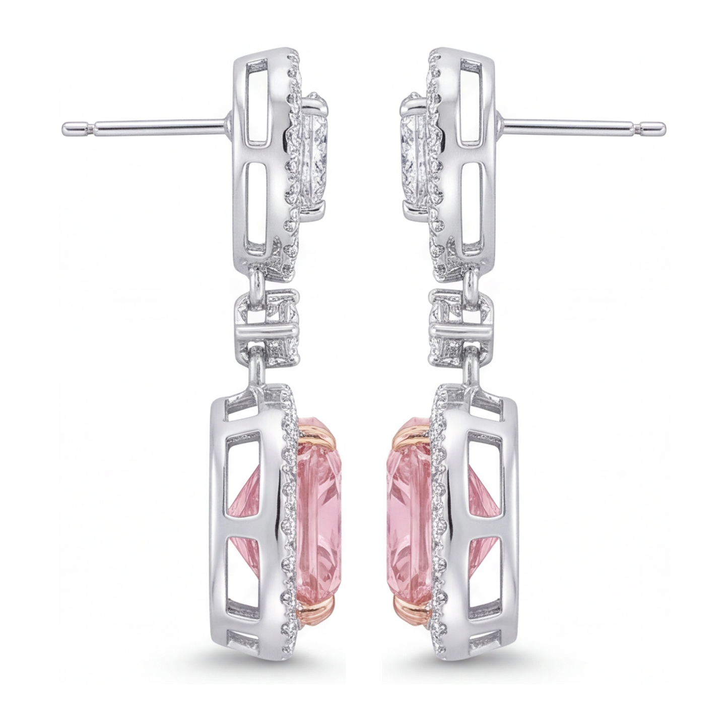 Orecchini pendenti con diamanti rosa da laboratorio da 5 carati, Halo a cuscino e parte superiore a goccia in Oro Bianco 14K