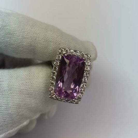 Anello da donna in oro bianco con diamante taglio cuscino Kunzite rosa 24.50 ct
