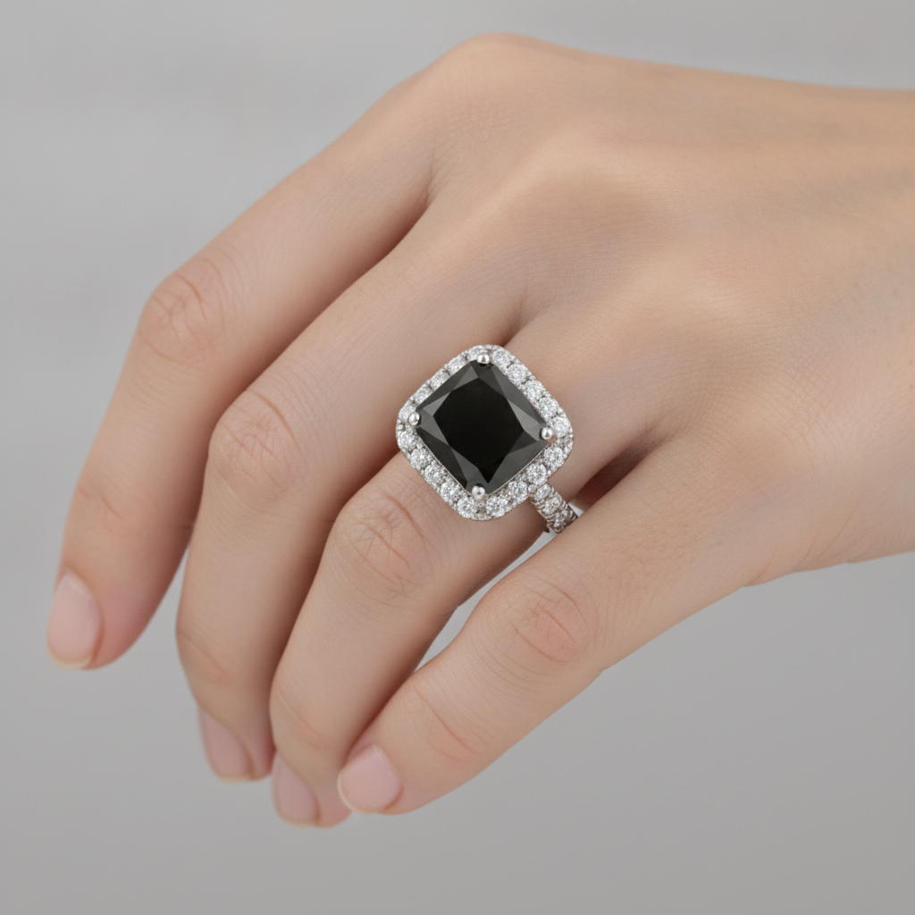 Anello di Fidanzamento Halo con Diamante Nero Autentico da 5 Carati Taglio Radiant in Oro Bianco 14K