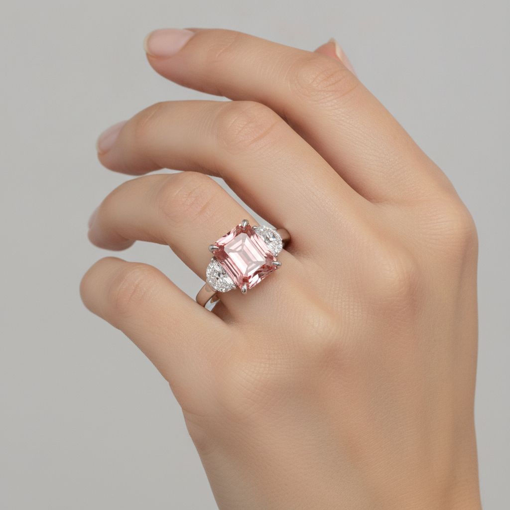 Anello a tre pietre in platino con zaffiro Padparadscha naturale da 3,6 carati taglio radiant e mezze lune bianche