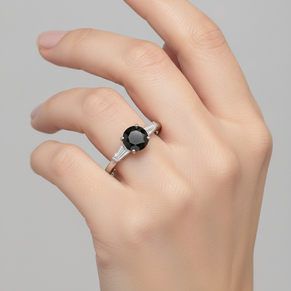 Anello a Tre Pietre con Diamante Nero Naturale Autentico da 3,6 Carati Taglio Rotondo e Baguette in Oro Bianco 14K