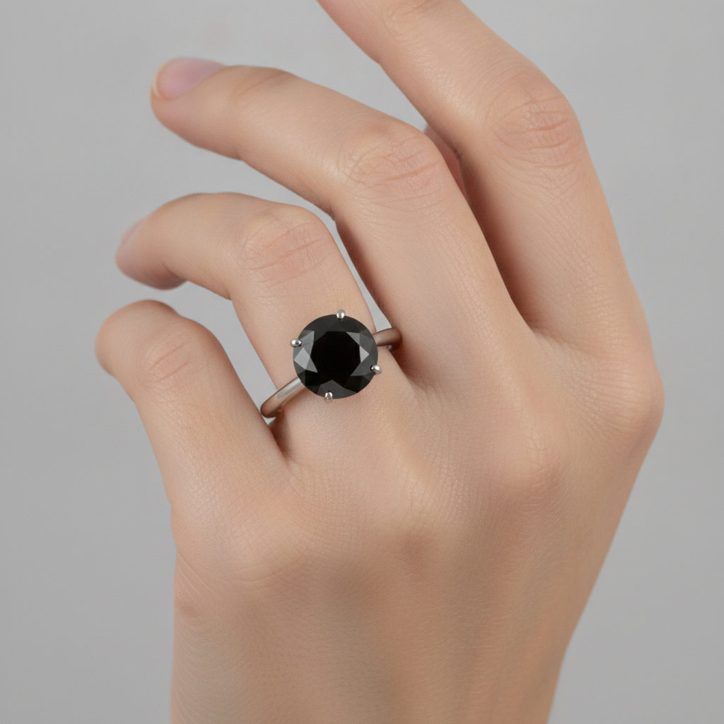 Anello nuziale solitario con diamante nero naturale taglio rotondo da 5 carati in Oro Bianco 14 carati
