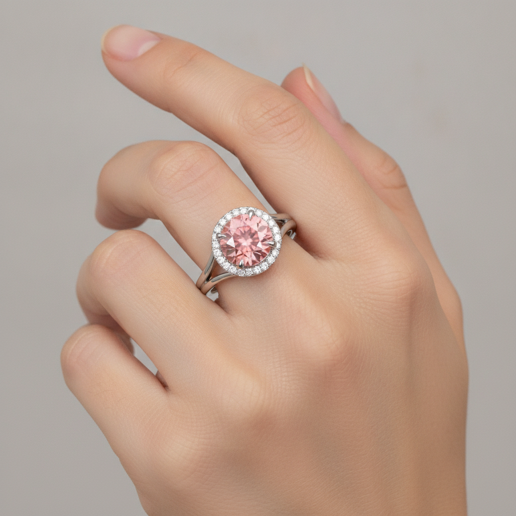 Anello Halo con Zaffiro Padparadscha Rotondo da 4,3 Carati da Laboratorio in Oro Bianco 14K