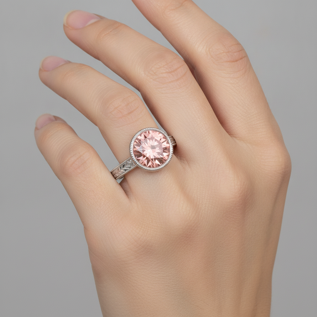 Anello solitario con zaffiro Padparadscha rotondo da laboratorio da 4 carati con lunetta in Oro Bianco 14K