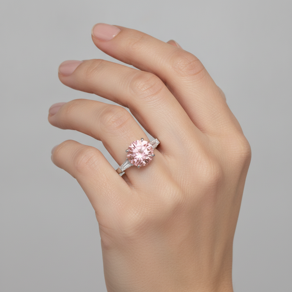 Anello a tre pietre in platino con zaffiro Padparadscha autentico rotondo da 3,1 carati e baguette bianche
