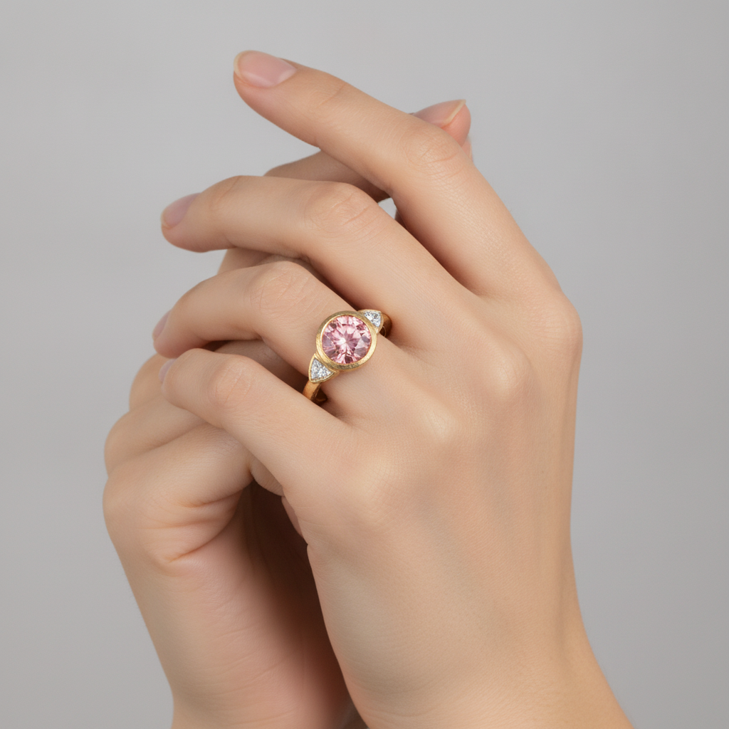 Anello Padparadscha a Tre Pietre con Zaffiro Naturale Rotondo da 2,6 Carati e Trilliant Bianchi, Lunetta in Oro Giallo 14K