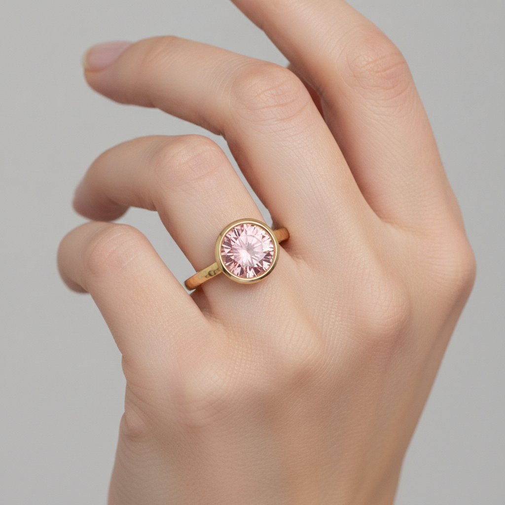 Anello di Fidanzamento Solitario con Zaffiro Padparadscha Autentico da 2 Carati Rotondo con Lunetta in Oro Giallo 14K
