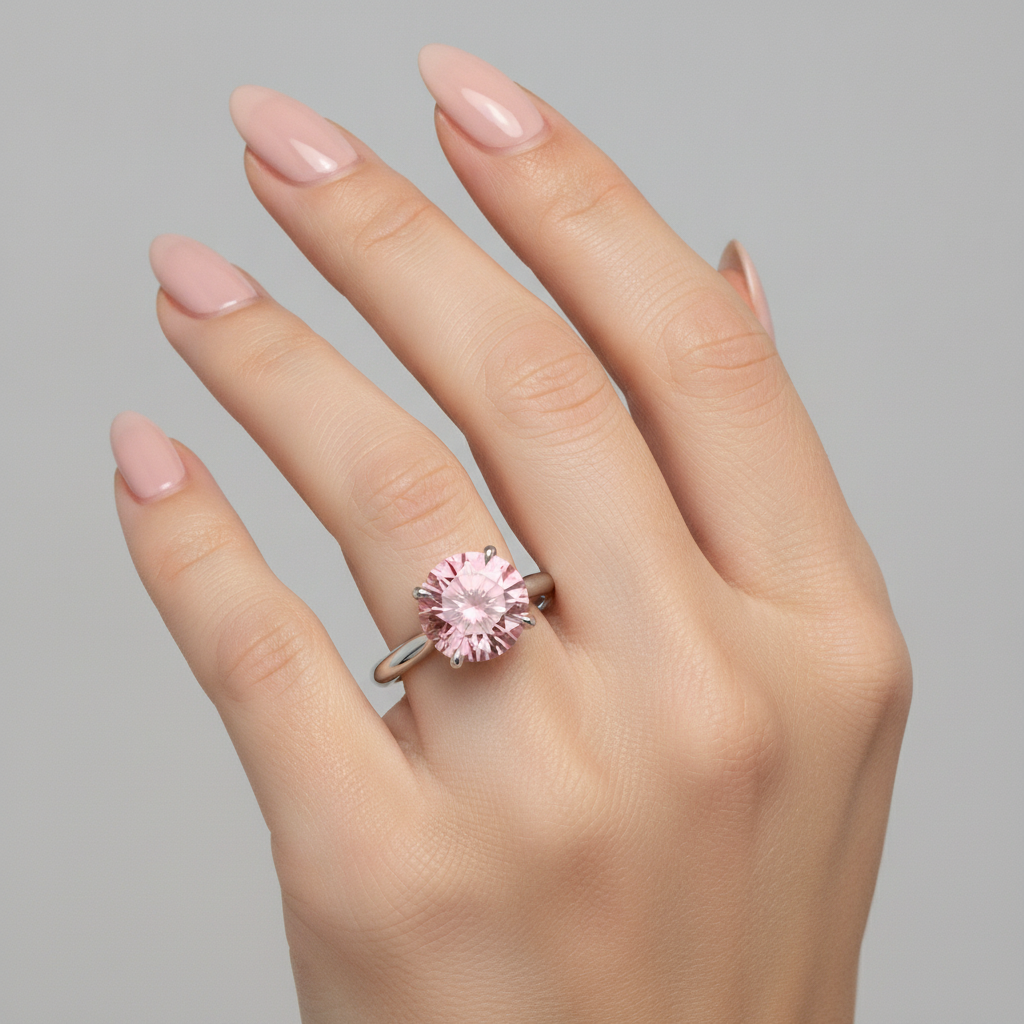 Anello Solitario con Zaffiro Padparadscha Naturale Rotondo Color Pesca da 2,5 Carati in Oro Bianco 14K