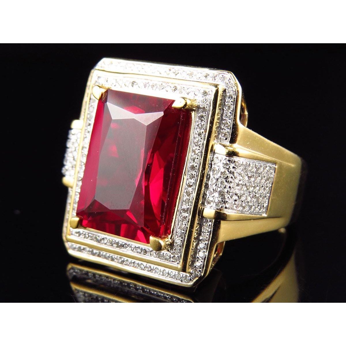 13 ct Grande Smeraldo Taglio Rosso AAA Anello da Uomo Rubino Con Diamante Oro Giallo 14 kt