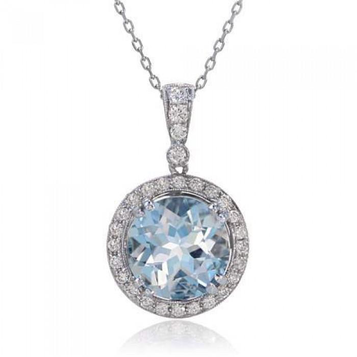 Acquamarina Taglio Rotondo 12 Carati Con Pendente Diamanti Oro Bianco 14K - harrychadent.it
