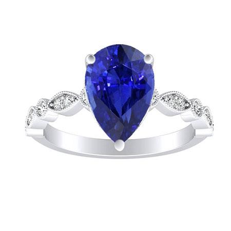 Anello Anniversario Diamante Rotondo & Zaffiro Blu Pera 2 Carati Milgrain - harrychadent.it