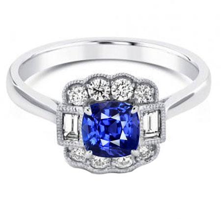 Baguette & Round Diamond Halo Cushion Anello zaffiro 2.50 carati rebbi - harrychadent.it