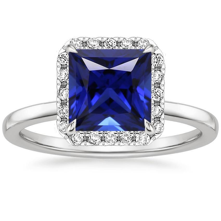 Anello Halo Con Diamanti Di Forma Quadrata Con Zaffiro Blu Ceylon 5.50 Carati - harrychadent.it