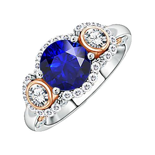 Anello Halo Diamond Anniversary Tondo Zaffiro Blu Bicolore 3.50 Carati - harrychadent.it