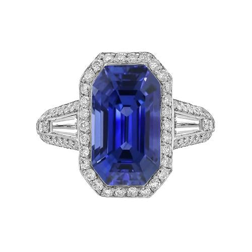 Anello Halo Emerald Zaffiro Con Diamanti Rotondi E Baguette 4 Carati - harrychadent.it