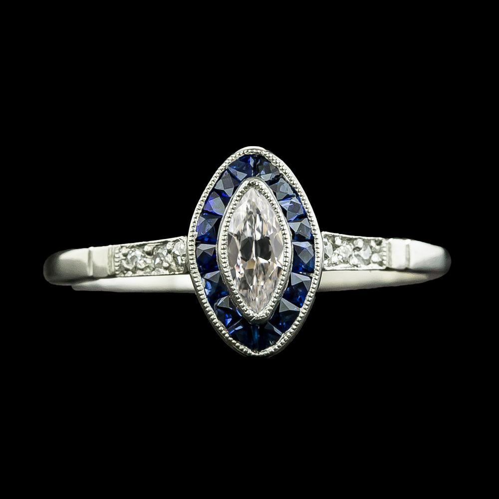 Anello Halo Marquise con diamanti a taglio antico e zaffiri trapezoidali 3 carati - harrychadent.it
