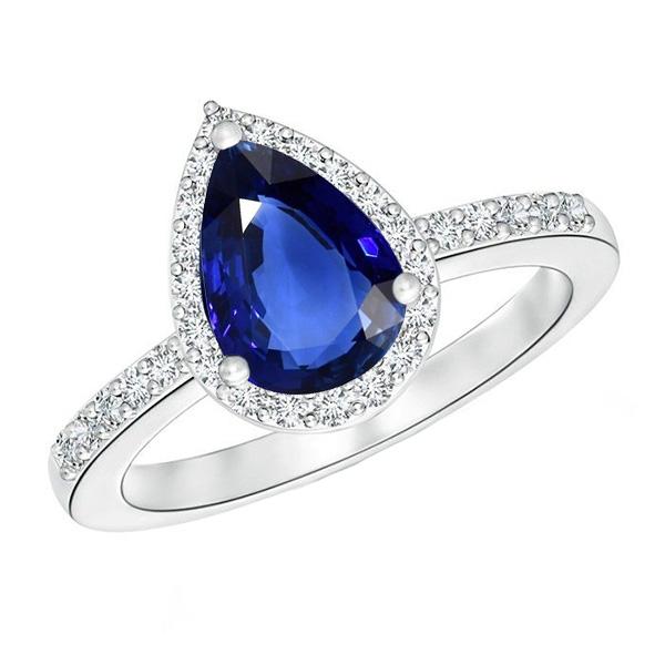 Anello Halo Pera Zaffiro Blu & Diamanti 3.25 Carati Oro Bianco 14K - harrychadent.it