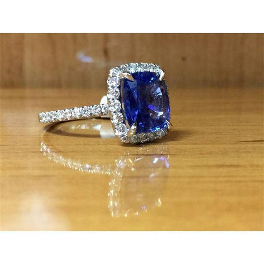 Anello con diamante Zaffiro blu e aureola con cuscino Sri Lanka da 3 ct - harrychadent.it