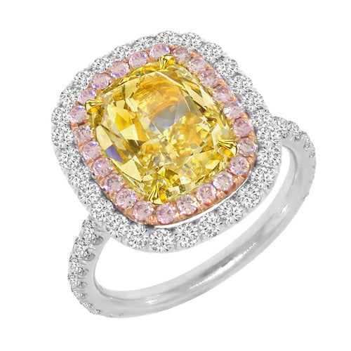 Anello Halo con diamante giallo canarino e zaffiri rosa
