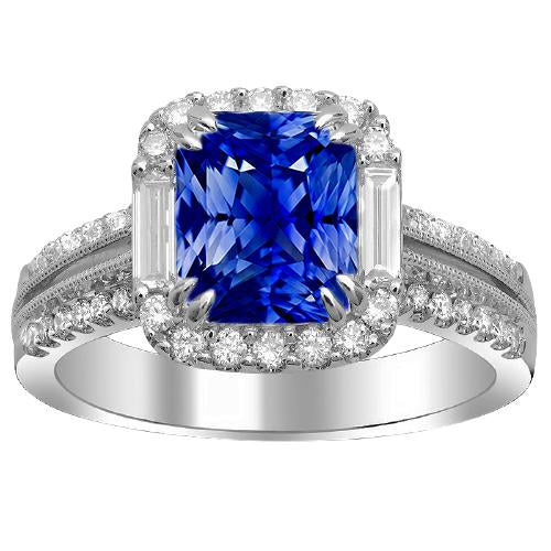 Halo Sapphire Ring Baguette & Round Accenti 4.50 Carati Split Shank - harrychadent.it