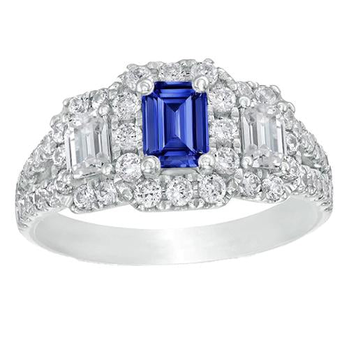Anello Halo con zaffiro blu smeraldo taglio radiante e diamanti tondi 4 carati - harrychadent.it