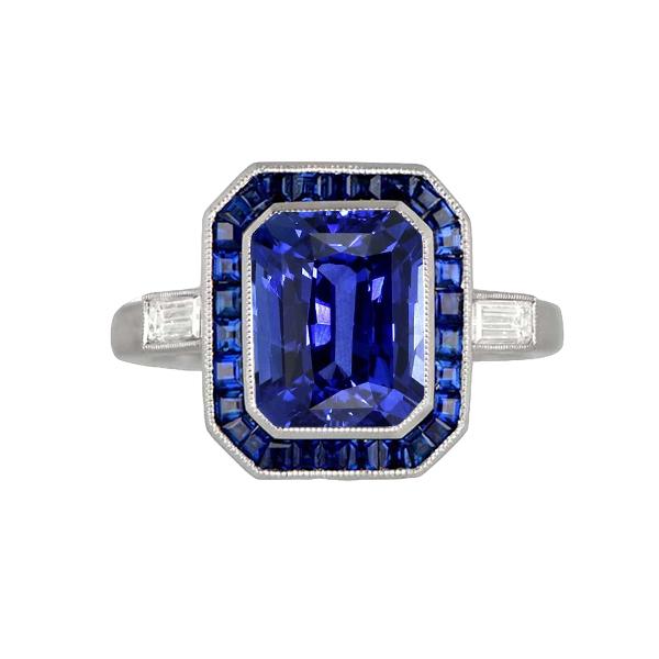 Anello donna Halo Gemstone Blue Sapphires 3.50 Carati Diamanti Baguette - harrychadent.it