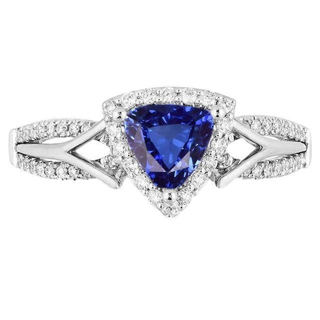 Anello Halo da donna con diamante 3 carati Trilioni di zaffiro blu con gambo diviso - harrychadent.it