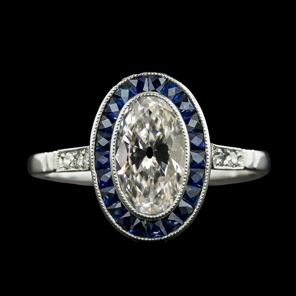 Anello Halo da donna, ovale, vecchio minatore, diamante e zaffiri blu 6.75 carati - harrychadent.it