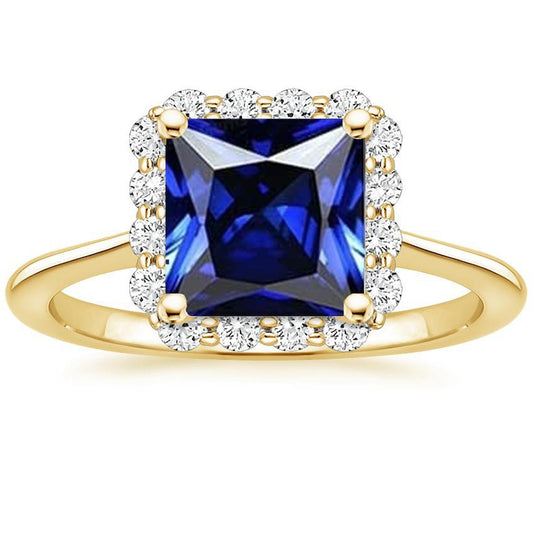 Anello Halo in oro giallo con diamante e zaffiro blu taglio Princess 6 carati - harrychadent.it