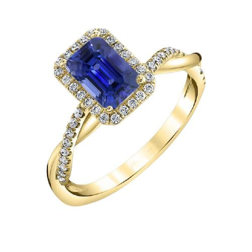 Anello Halo in oro giallo con zaffiro dello Sri Lanka a forma di smeraldo 3 carati - harrychadent.it