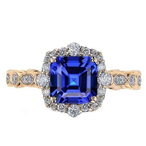 Anello Halo in oro giallo Flower Style Asscher Blue Sapphire 4.50 carati - harrychadent.it