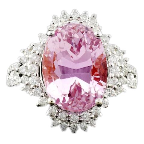 Anello Kunzite Taglio Ovale Con Diamanti Rotondi 18.25 Carati Oro Bianco - harrychadent.it