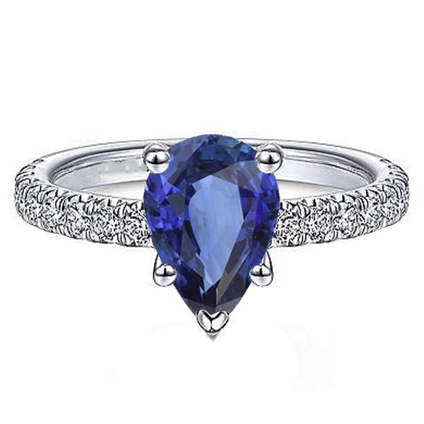 Anello Solitario Diamante Con Accenti Zaffiro Ceylon Taglio Pera 4 Carati - harrychadent.it