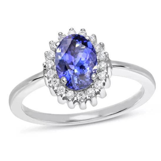 Anello Tanzanite Ovale Con Diamanti 9 Ct Nuovo Oro Bianco 14K - harrychadent.it