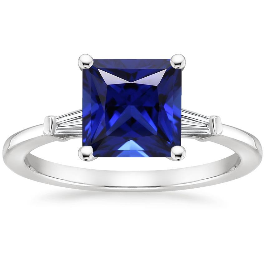 Anello Tre Pietre Zaffiro Princess Blue & Diamanti Baguette 5.25 Carati - harrychadent.it