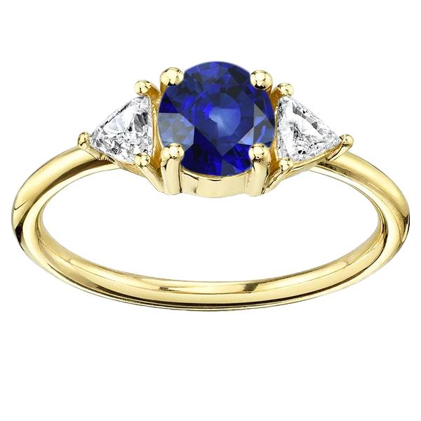 Anello Trilliant con 3 pietre di diamanti 2 carati in oro giallo con zaffiro di Ceylon - harrychadent.it