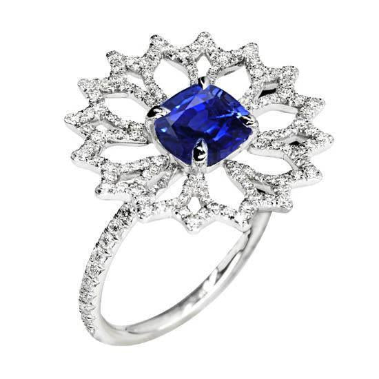 Anello a cuscino in stile floreale e diamante rotondo con zaffiro blu da 2,50 ct e oro bianco 14 carati - harrychadent.it