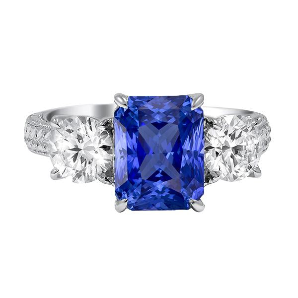 Anello con 3 pietre di diamante rotondo Zaffiro di Ceylon 3.50 carati Milgrain Gold - harrychadent.it