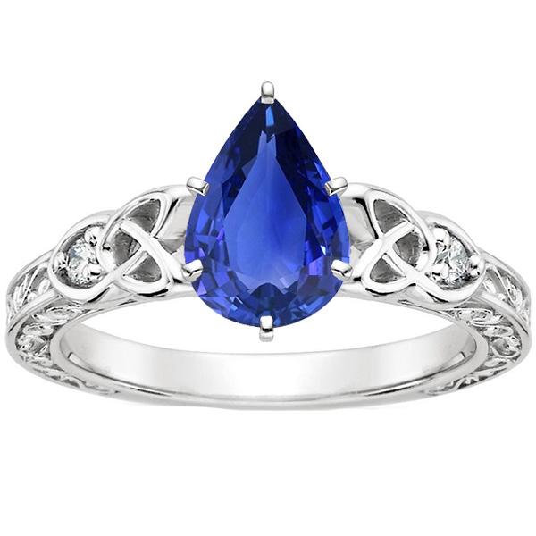 Anello con 3 pietre di diamanti. pera. zaffiro di Ceylon. stile vintage. 4.25 carati - harrychadent.it