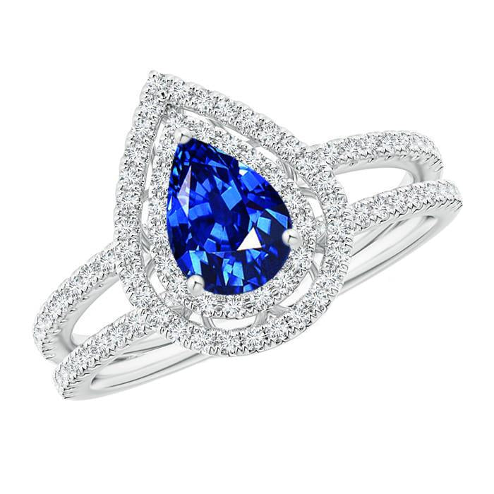 Anello con pera e diamanti a taglio rotondo con zaffiro di Ceylon da 4,90 ct - harrychadent.it