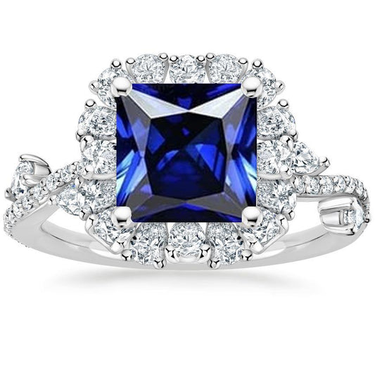 Anello con diamante Halo Blue Zaffiro taglio Princess con accenti 7.50 carati - harrychadent.it