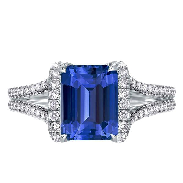 Anello con diamante Halo Emerald Ceylon Zaffiro Doppio gambo 4.50 Carati - harrychadent.it