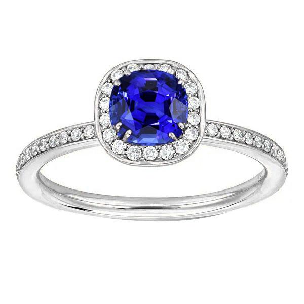 Anello con diamante aureola cuscino zaffiro blu 3 carati oro bianco 14K - harrychadent.it