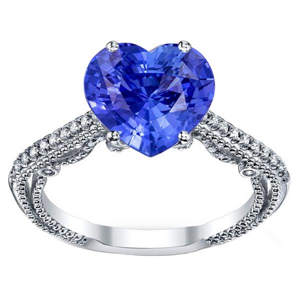 Anello con diamante zaffiro blu 3 carati con pavé di accenti in oro 14k Milgrain - harrychadent.it