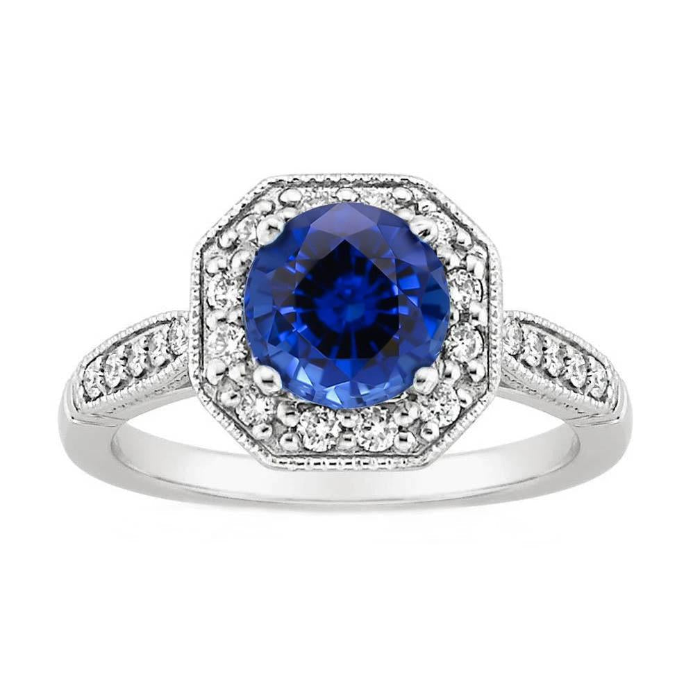 Anello con diamanti Halo con zaffiro dello Sri Lanka da 3,35 carati in oro bianco 14 carati - harrychadent.it