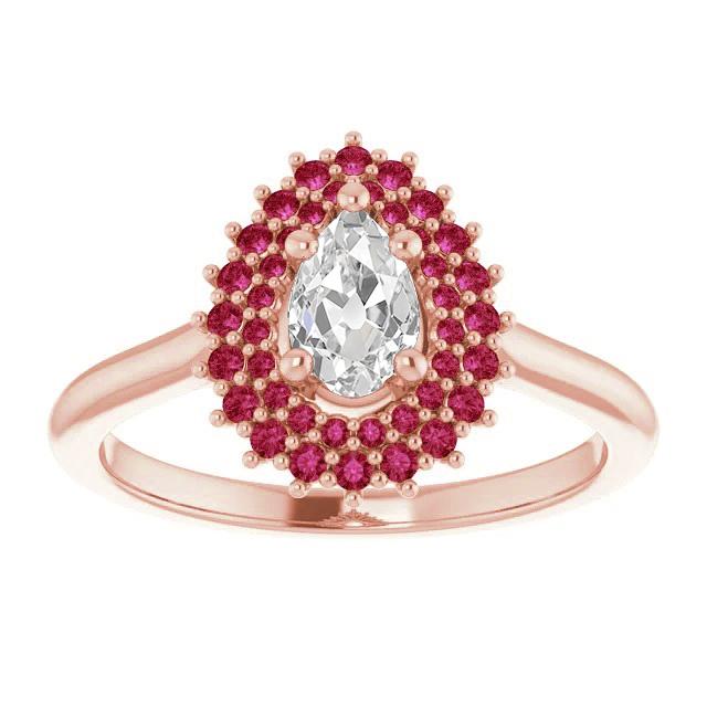 Anello con doppia pera aureola. vecchio minatore. con diamanti. rubini tondi. 3.50 carati - harrychadent.it