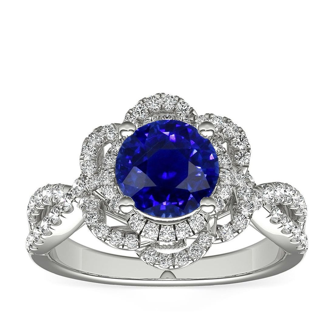 Anello con doppio anello in zaffiro blu rotondo a forma di fiore con gambo diviso 5 carati - harrychadent.it