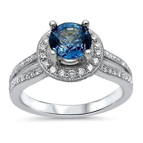 Anello in oro bianco 14 kt con zaffiro di Ceylon e diamanti a taglio rotondo da 5 ct - harrychadent.it